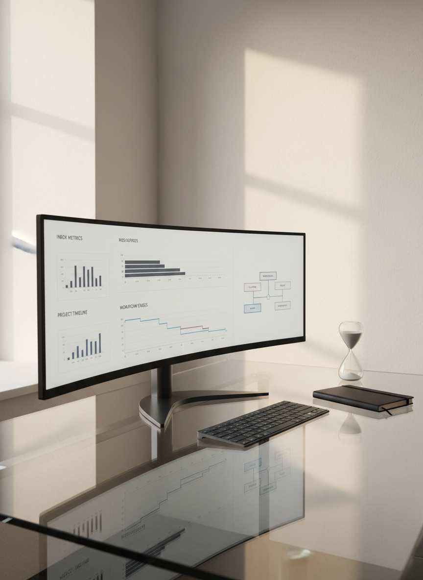 A pristine, glass-topped workstation featuring a large, ultra-wide monitor displaying a clean dashboard of inbox metrics, timelines, and neatly arranged workflow stages, all in muted blues and charcoal tones. Around the monitor, only essential objects: a wireless keyboard, a black notebook closed with an elastic strap, and a single, minimal sand timer with fine white sand mid-fall. Diffused late-afternoon light enters from the side, creating gentle reflections on the glass and a subtle gradient across the wall behind. Photographic realism, composed using the rule of thirds, with the monitor slightly off-center. The mood is quietly authoritative and highly organized, conveying a sense of control over complexity and time.