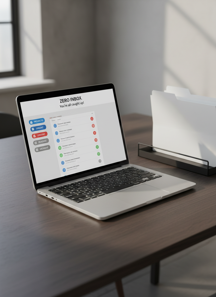A meticulously organized digital inbox interface displayed on an ultra-thin silver laptop, its screen showing neatly categorized email folders, color-coded labels, and a prominent, clean "zero inbox" view. The laptop rests on a dark walnut desk with a subtle matte texture, beside a minimalist black metal tray holding a few crisp, unlabeled folders. Soft, indirect daylight from an unseen window casts gentle highlights along the laptop’s edges and creates refined shadows on the desk. Photographic realism, eye-level composition with a slight angle, shallow depth of field that blurs the background into soft grays and warm neutrals. The mood is sophisticated, calm, and in-control, visually representing streamlined workflow and mental clarity.