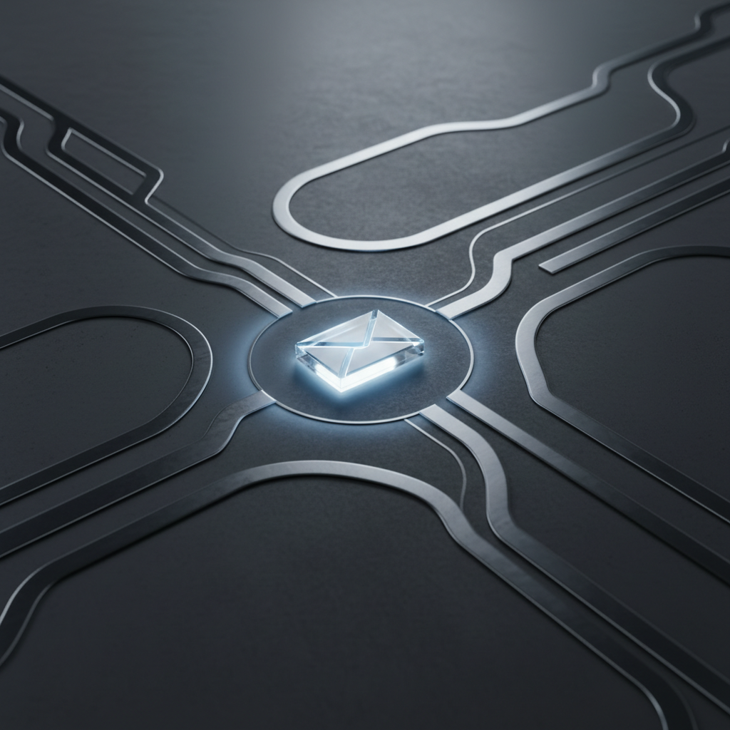 A sleek, abstract representation of workflow lanes made from thin brushed-metal tracks flowing across a matte charcoal surface, converging toward a luminous, crystal-clear inbox icon at the center. The tracks curve elegantly, resembling a flowing river of tasks moving in harmony. Cool, focused overhead lighting creates sharp, controlled reflections along the metallic paths and a subtle halo around the central icon. Shot from a slightly elevated, cinematic angle with deep focus, every line crisp and intentional. The palette leans toward graphite, steel blue, and soft white, evoking a sophisticated, modern, photographic aesthetic that suggests precision, motion, and frictionless business operations.